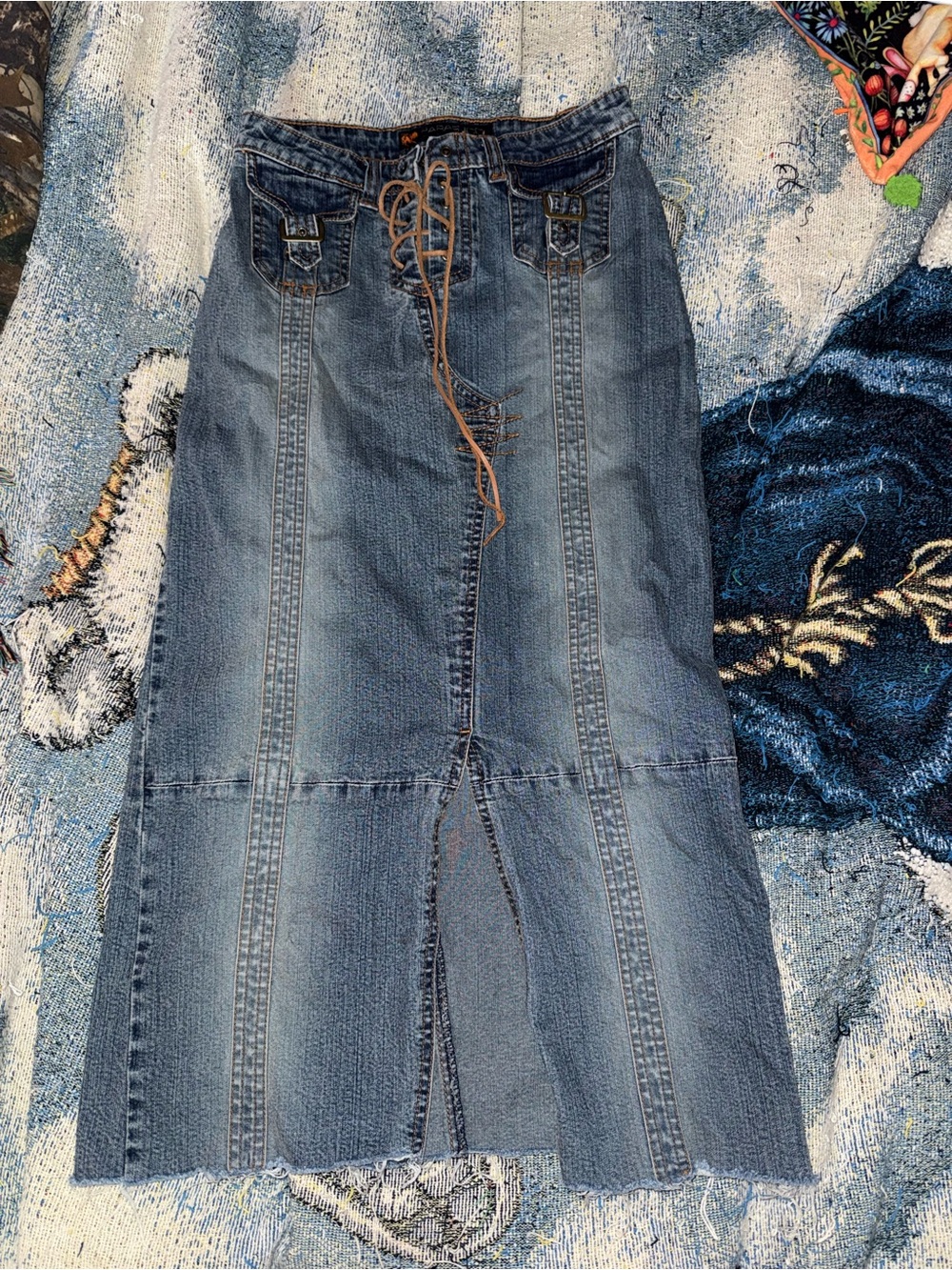 Vintage Parasuco denim midi skirt with suede lace up